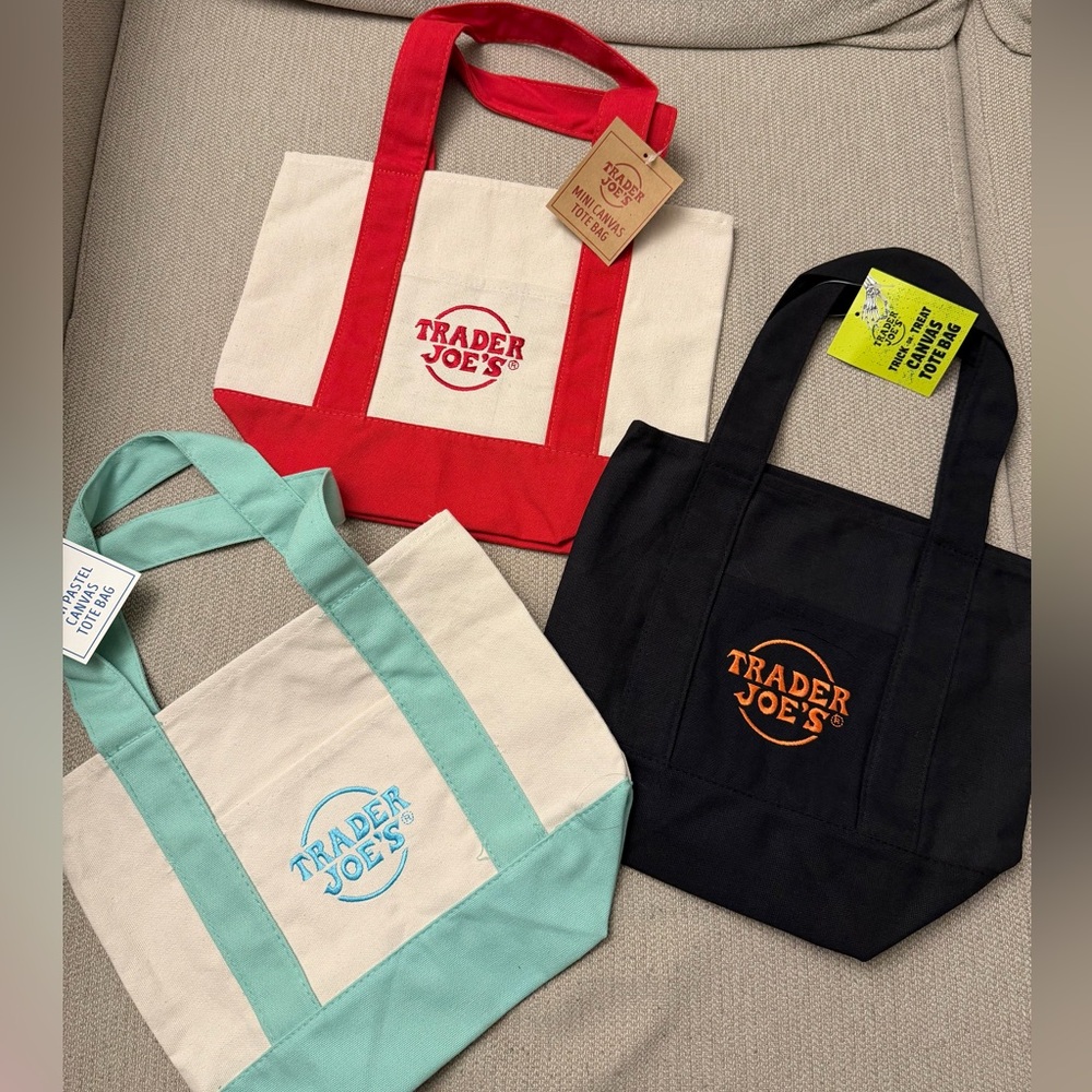 Trader Joe’s Canvas Tote Bag Set - Red, Black, and Teal